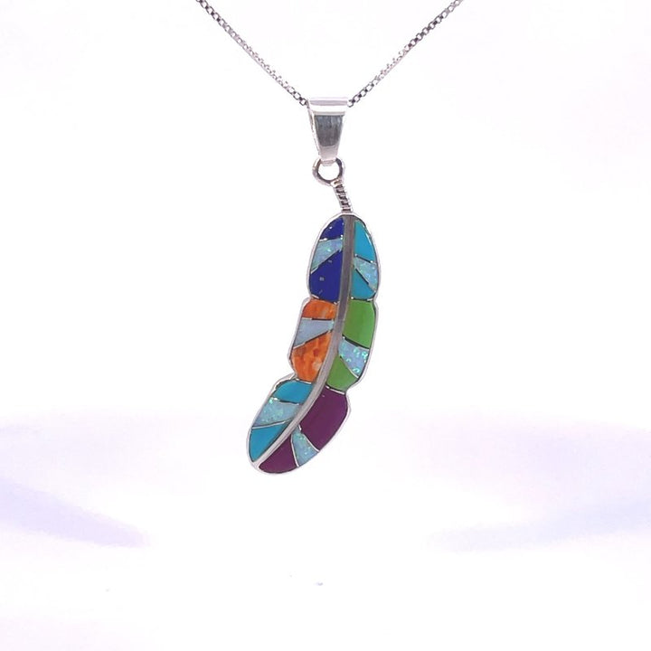 Sterling Silver Arizona Turquoise and Inlaid Jewelry Multicolored Feather Pendant