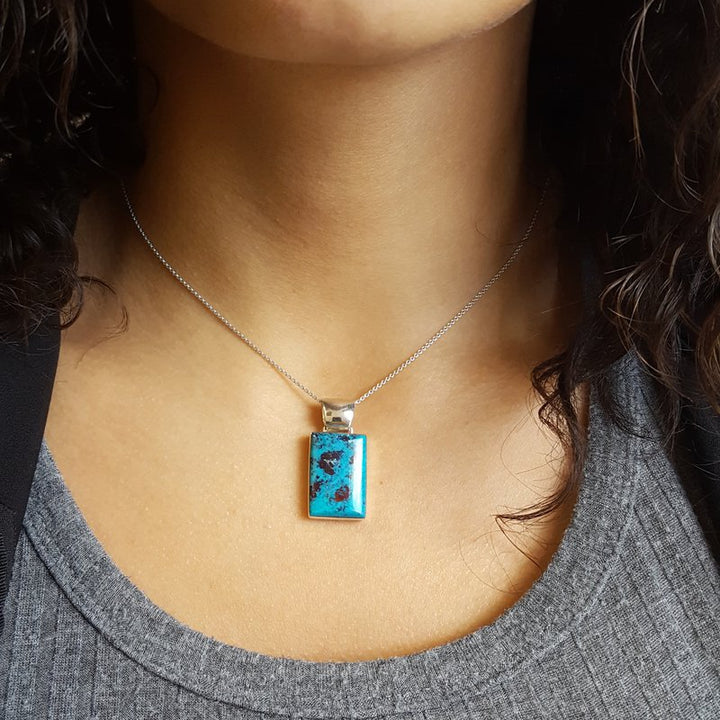 Arizona Turquoise and Inlaid Jewelry Rectangle Chrysocolla Turquoise Pendant