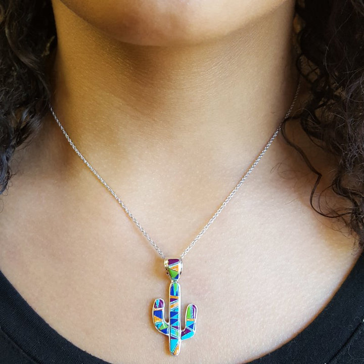 Arizona Turquoise and Inlaid Jewelry Colorful Saguaro Cactus Pendant