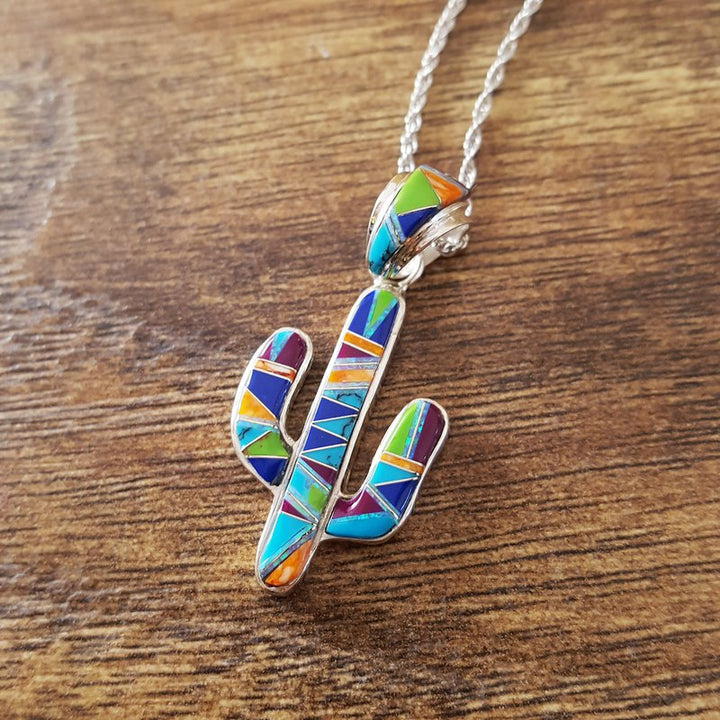 Arizona Turquoise and Inlaid Jewelry Colorful Saguaro Cactus Pendant 2411675