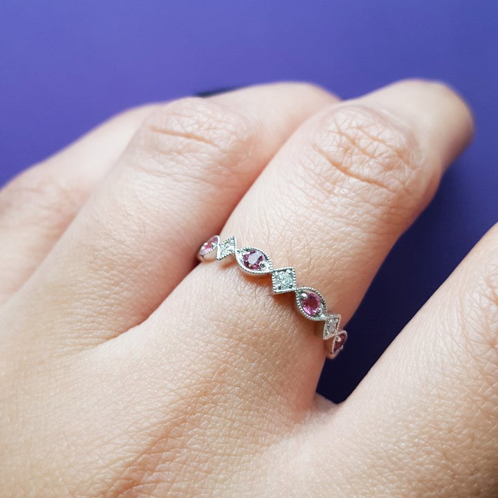 Gems One 14K White Gold Stackable Bezel Ruby Band (1/12 Ct. Tw.)