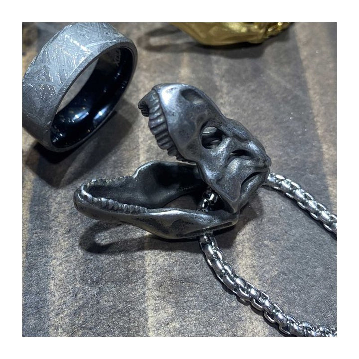 INOX Jewelry Distressed Matte Steel T-Rex Skull Pendant with Chain