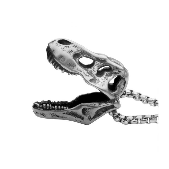 INOX Jewelry Distressed Matte Steel T-Rex Skull Pendant with Chain