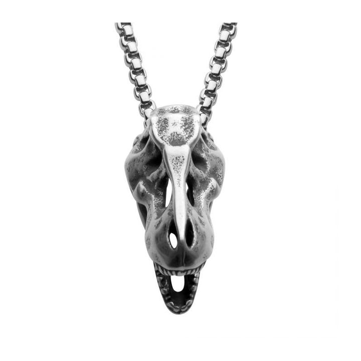 INOX Jewelry Distressed Matte Steel T-Rex Skull Pendant with Chain