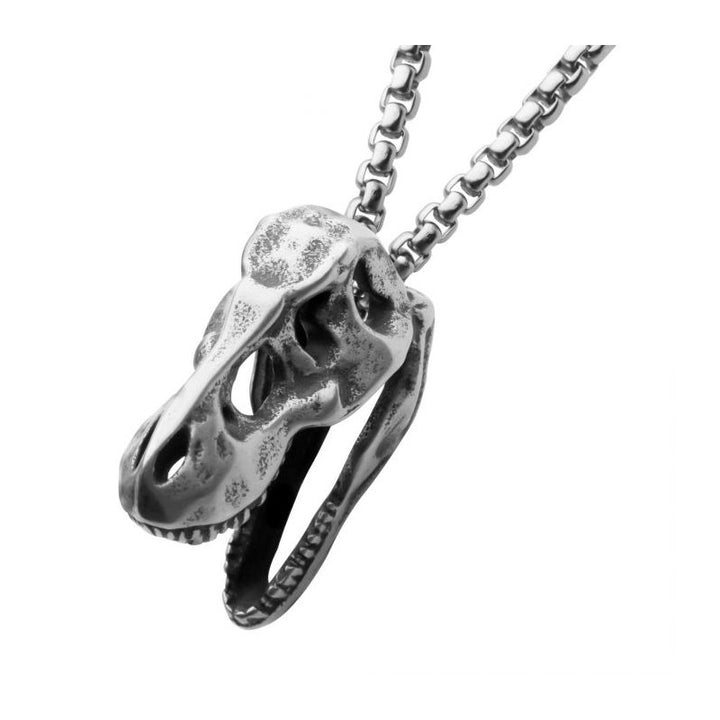 INOX Jewelry Distressed Matte Steel T-Rex Skull Pendant with Chain