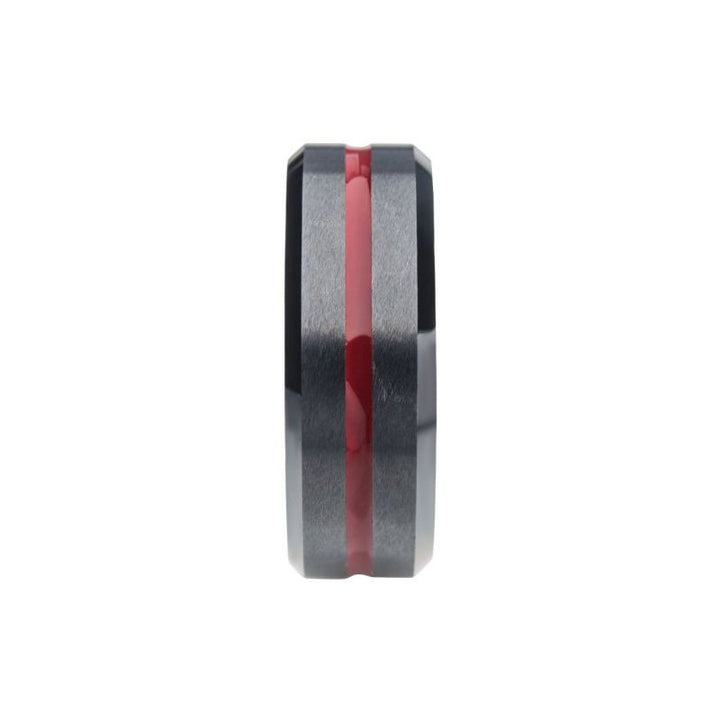INOX Jewelry Red Aluminum Inlay Black IP Steel Beveled Comfort Fit Ring