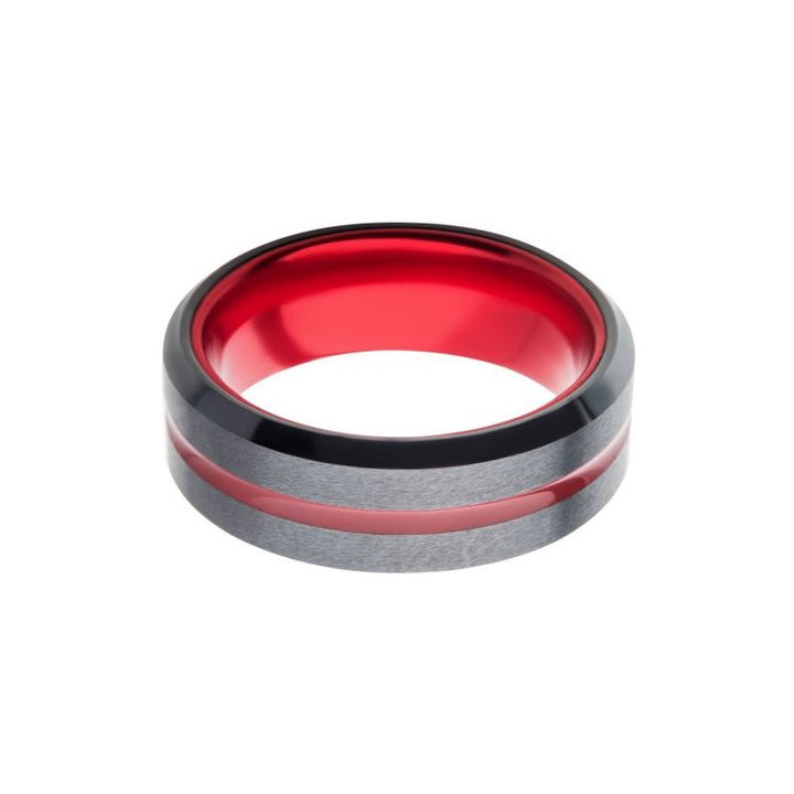 INOX Jewelry Red Aluminum Inlay Black IP Steel Beveled Comfort Fit Ring