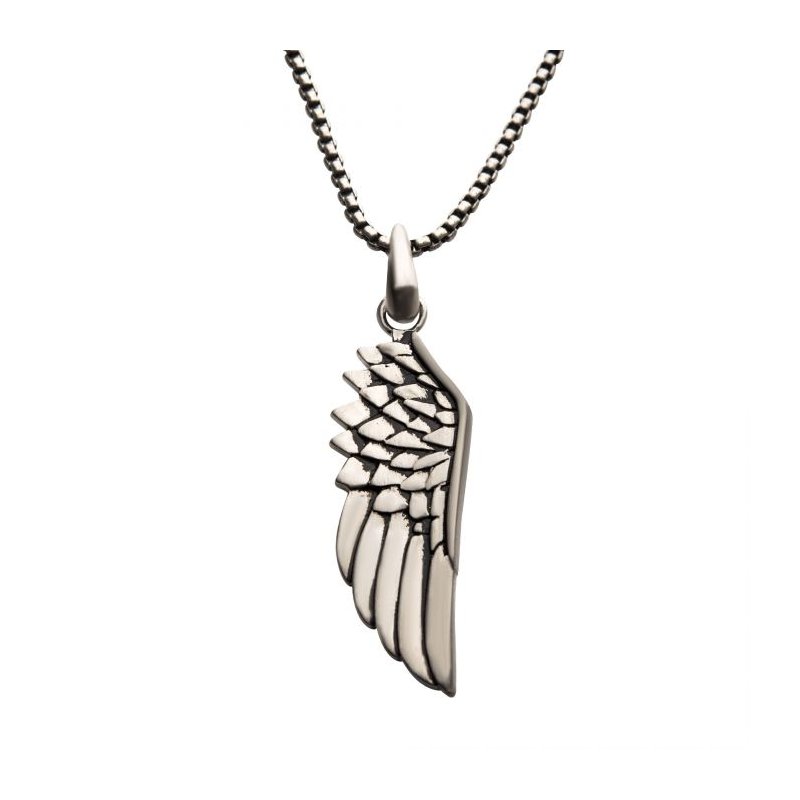 INOX Jewelry Steel Wing Pendant with Black Oxidized Steel Box Chain SSP22342NK