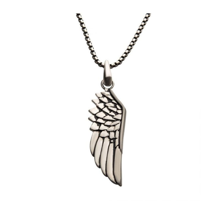 INOX Jewelry Steel Wing Pendant with Black Oxidized Steel Box Chain SSP22342NK