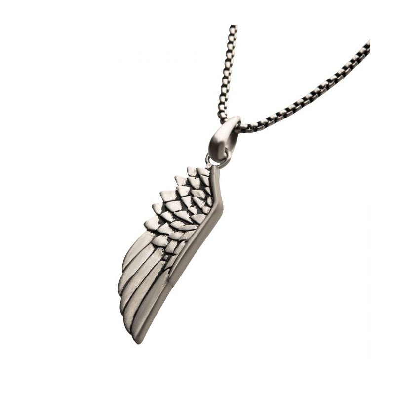 INOX Jewelry Steel Wing Pendant with Black Oxidized Steel Box Chain