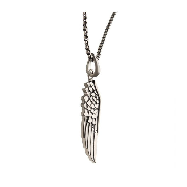 INOX Jewelry Steel Wing Pendant with Black Oxidized Steel Box Chain