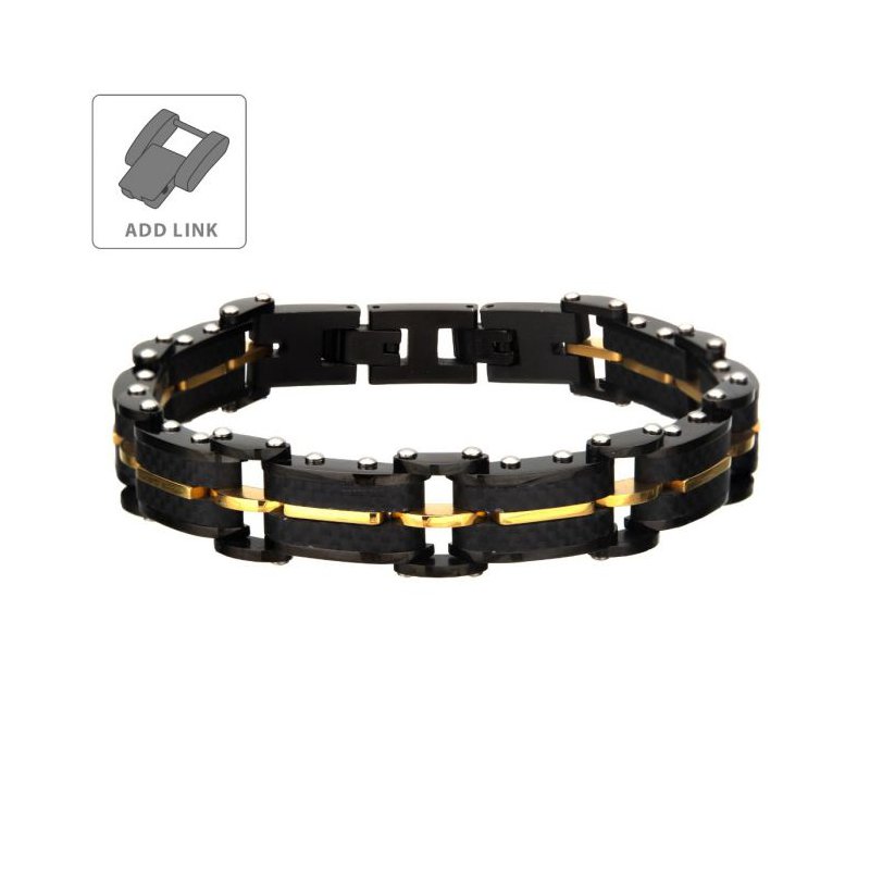 INOX Jewelry Black Carbon Fiber & Gold IP Link Bracelet