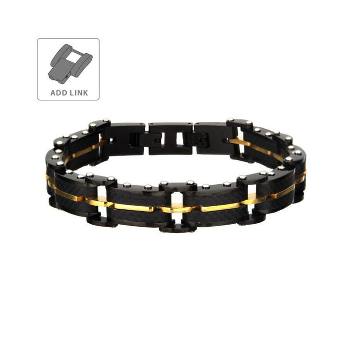 INOX Jewelry Black Carbon Fiber & Gold IP Link Bracelet