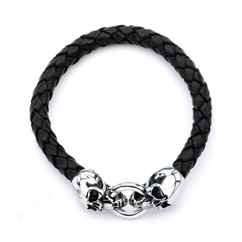 INOX Jewelry Black Leather with Skulls Bracelet BR0158
