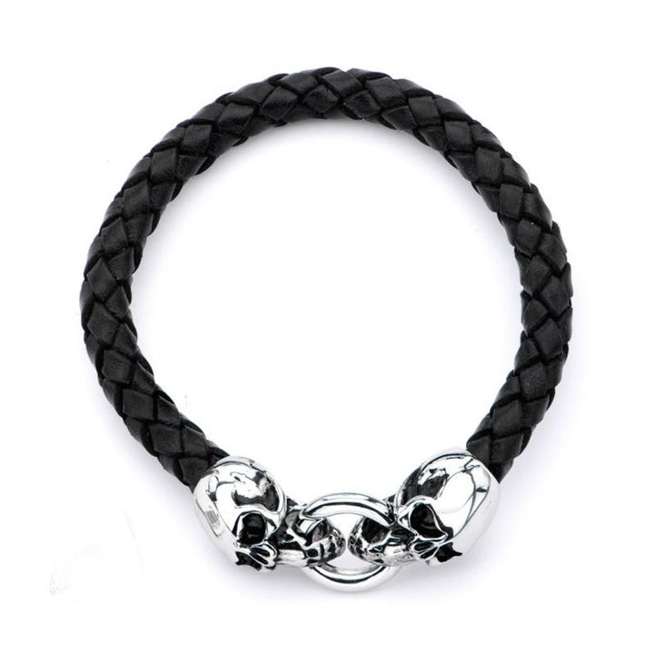 INOX Jewelry Black Leather with Skulls Bracelet BR0158