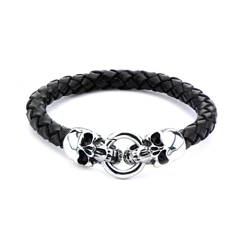 INOX Jewelry Black Leather with Skulls Bracelet
