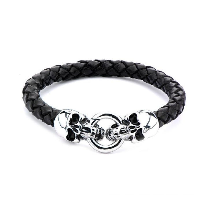 INOX Jewelry Black Leather with Skulls Bracelet