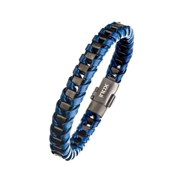 INOX Jewelry Navy Leather with Gun Metal Plated Bracelet