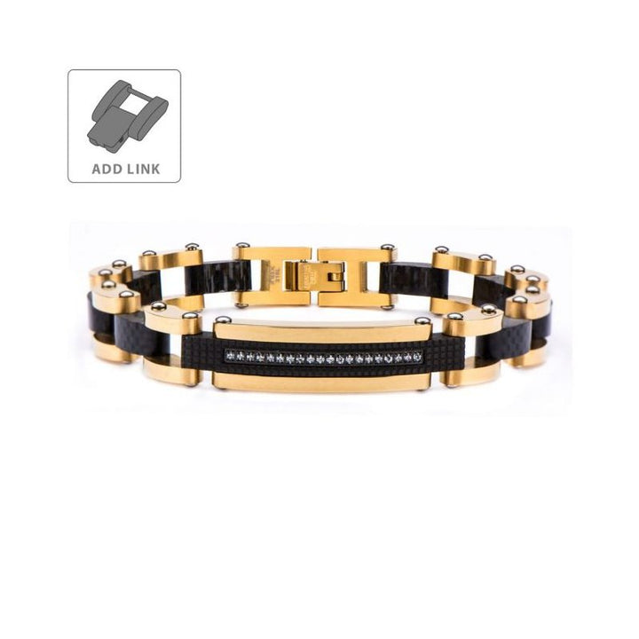 INOX Jewelry Solid Carbon Graphite & Gold IP with Clear CZ Stone ID Link Bracelet BR22039G