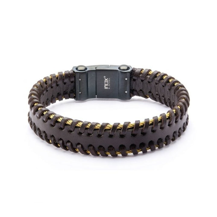 INOX Jewelry Black Leather with Gold IP Cable Edge Bracelet BRLS022