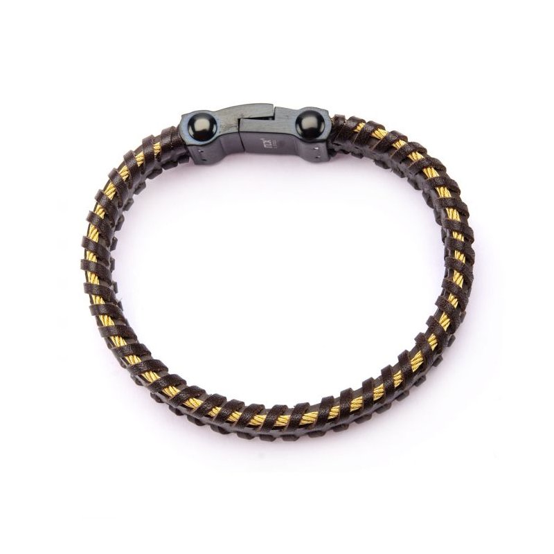 INOX Jewelry Black Leather with Gold IP Cable Edge Bracelet