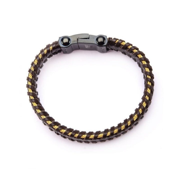 INOX Jewelry Black Leather with Gold IP Cable Edge Bracelet