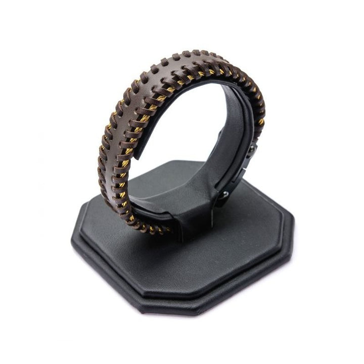INOX Jewelry Black Leather with Gold IP Cable Edge Bracelet