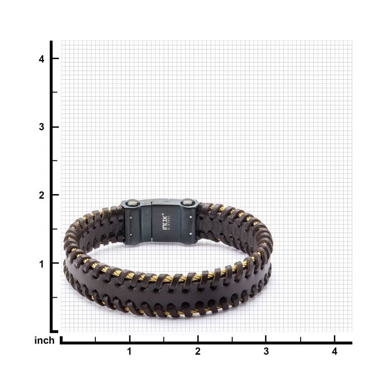 INOX Jewelry Black Leather with Gold IP Cable Edge Bracelet