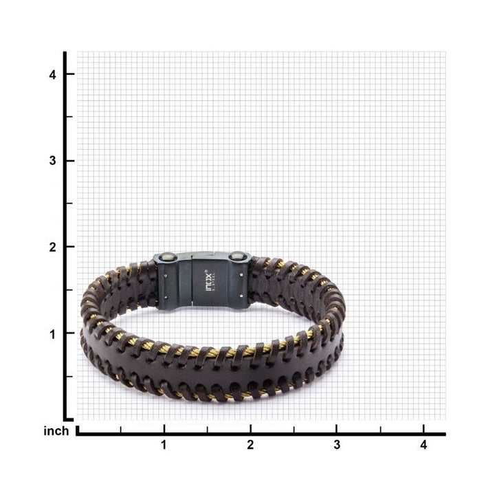 INOX Jewelry Black Leather with Gold IP Cable Edge Bracelet