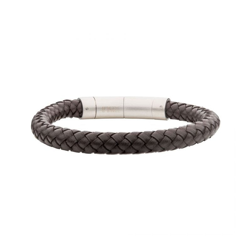 INOX Jewelry 8mm Brown Genuine Full Grain Cowhide Leather Bracelet BRLB9018BRWN