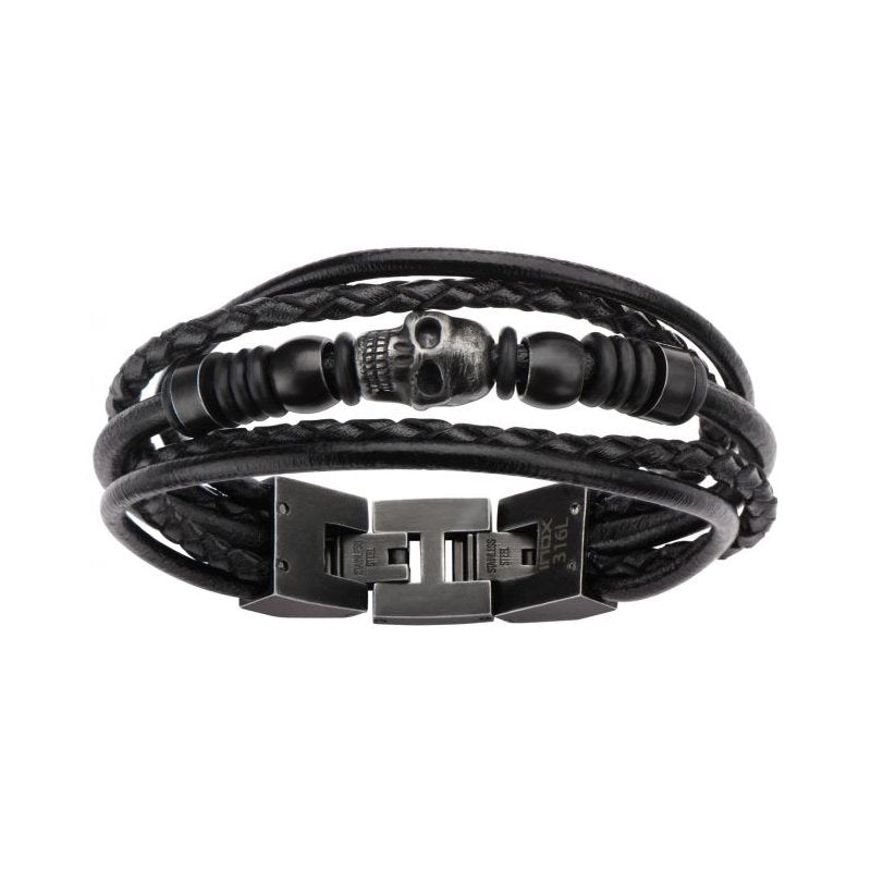 INOX Jewelry Multi Black Leather & Black Skull Beads Bracelet BRLT35