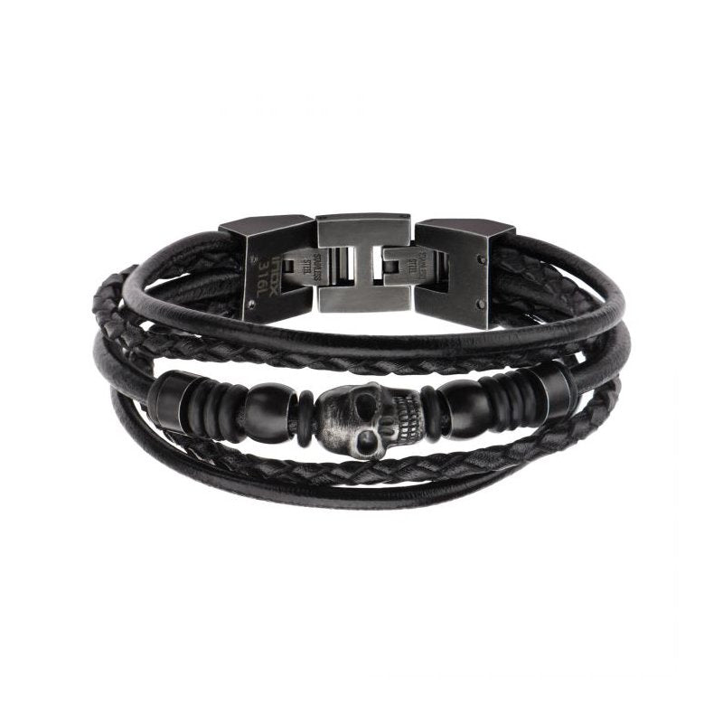 INOX Jewelry Multi Black Leather & Black Skull Beads Bracelet