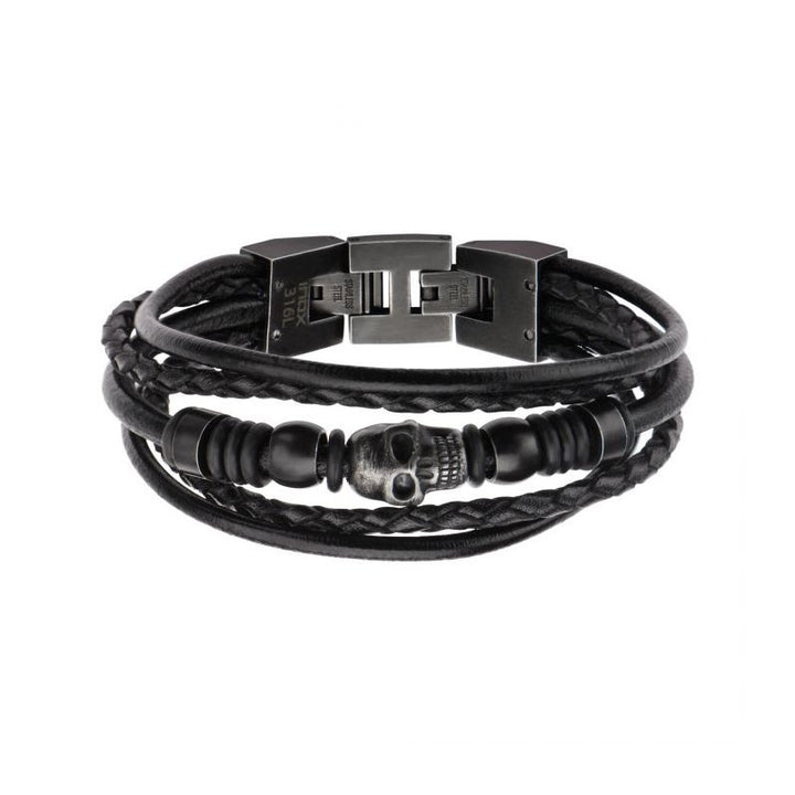 INOX Jewelry Multi Black Leather & Black Skull Beads Bracelet