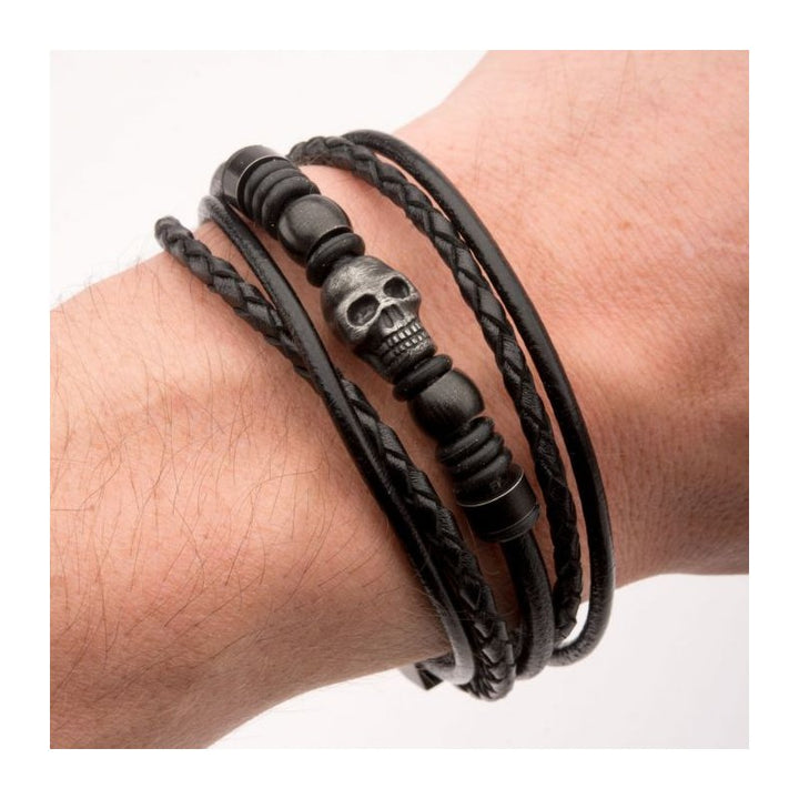 INOX Jewelry Multi Black Leather & Black Skull Beads Bracelet