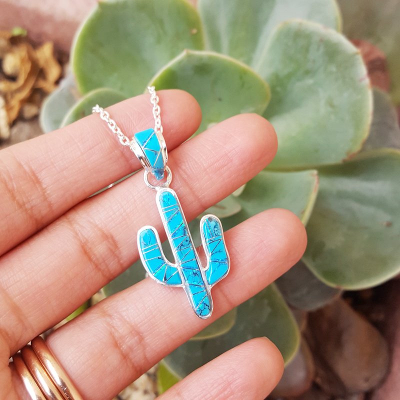 Arizona Turquoise and Inlaid Jewelry Turquoise Saguaro Cactus Pendant 2411187