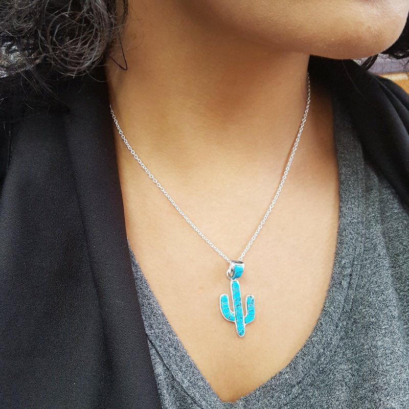 Sterling Silver Turquoise Saguaro Cactus Necklace