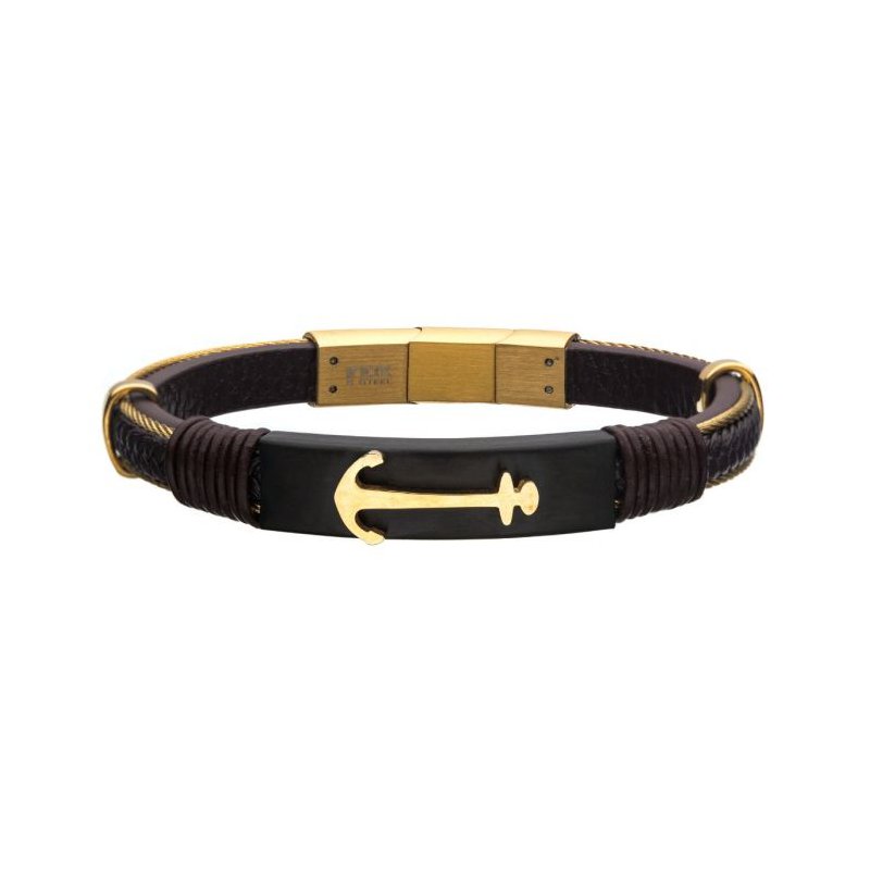 INOX Jewelry Brown Leather with Rose Gold IP Anchor Bracelet
