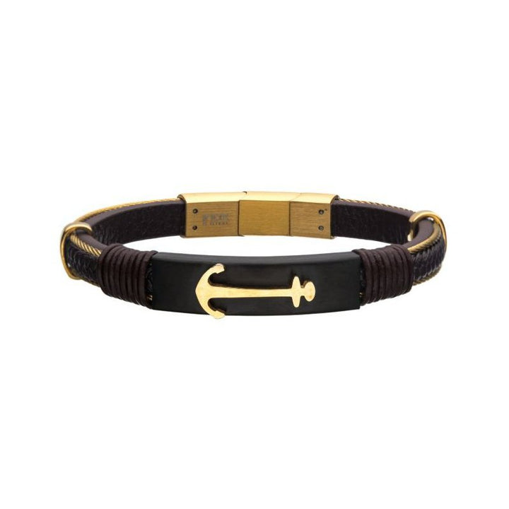 INOX Jewelry Brown Leather with Rose Gold IP Anchor Bracelet