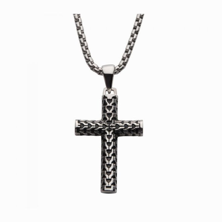 INOX Jewelry Steel Scale Cross Drop Pendant with Bold Box Chain SSP146651NK