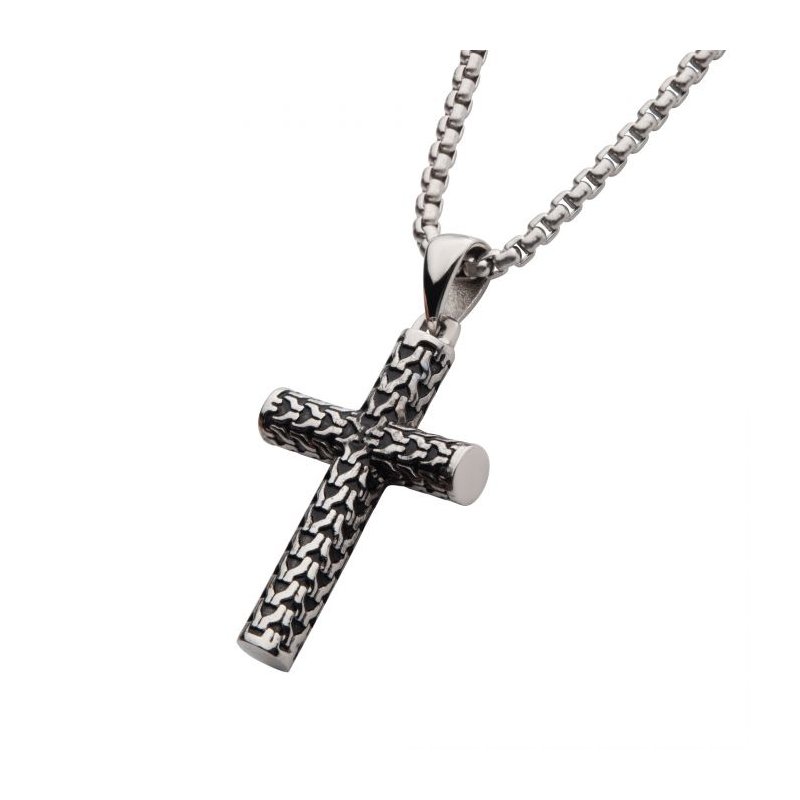INOX Jewelry Steel Scale Cross Drop Pendant with Bold Box Chain