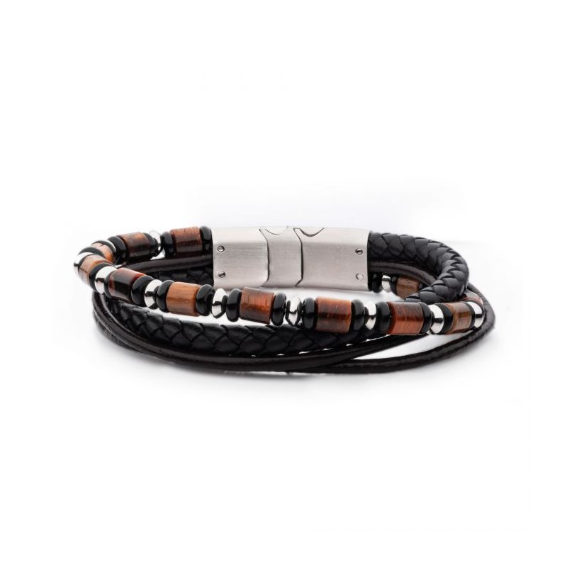 INOX Jewelry Black & Brown Full Grain Cowhide Leather with Black Onyx & Tiger's Eye Stone Bead Multi-Strand Bracelet