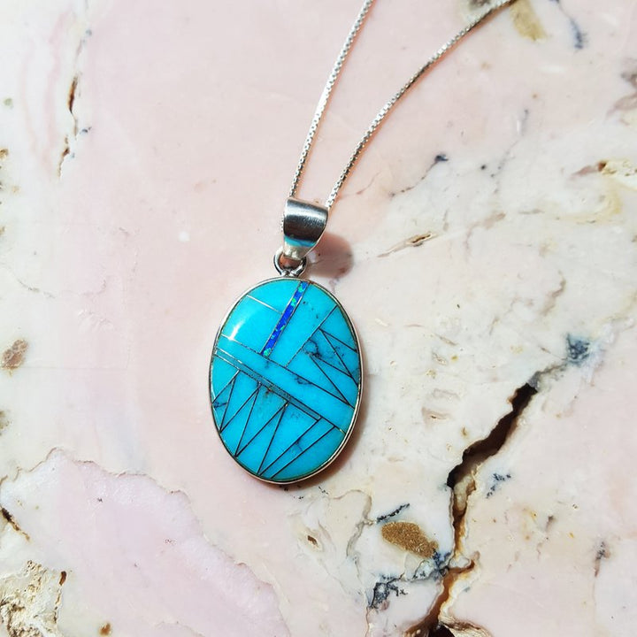 Arizona Turquoise and Inlaid Jewelry Oval Sonoran Pendant 2411318