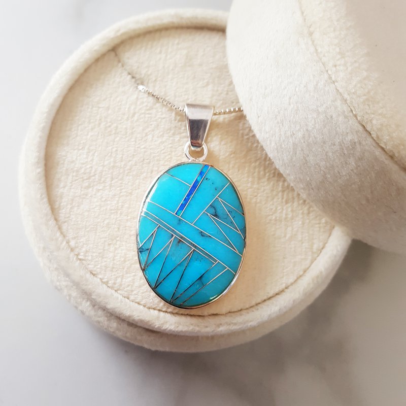 Arizona Turquoise and Inlaid Jewelry Oval Sonoran Pendant