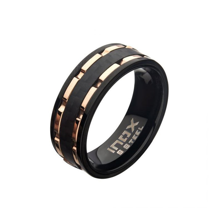 INOX Jewelry Black Carbon Fiber Hammered Ring with Rose Gold IP Lines FR085RG