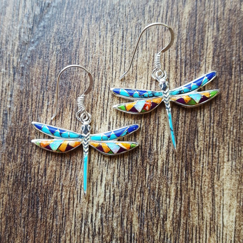 SS Arizona Turquoise and Inlaid Jewelry Dragonfly Earrings