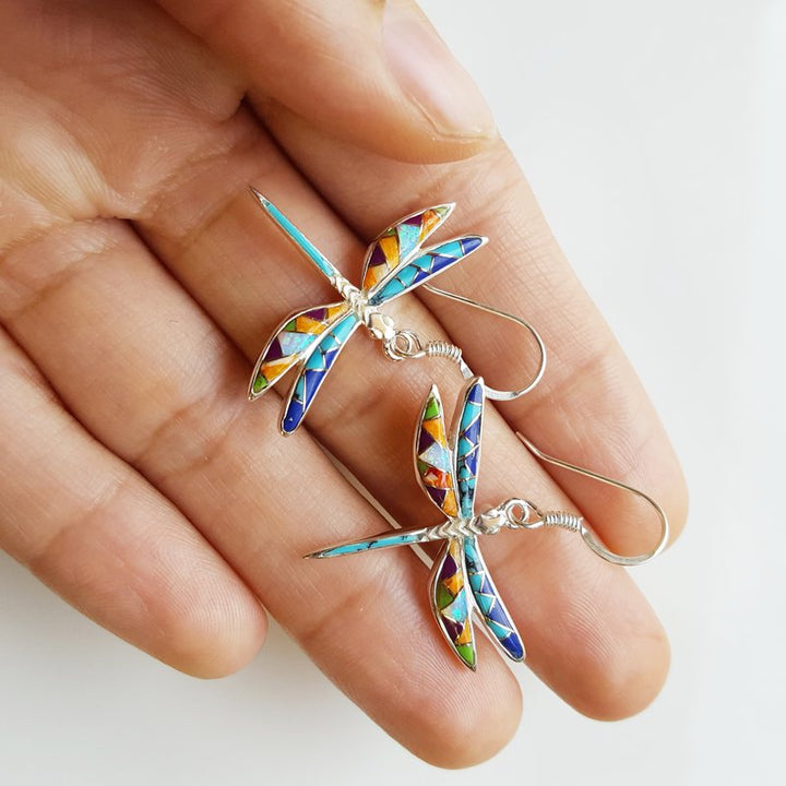 SS Arizona Turquoise and Inlaid Jewelry Dragonfly Earrings