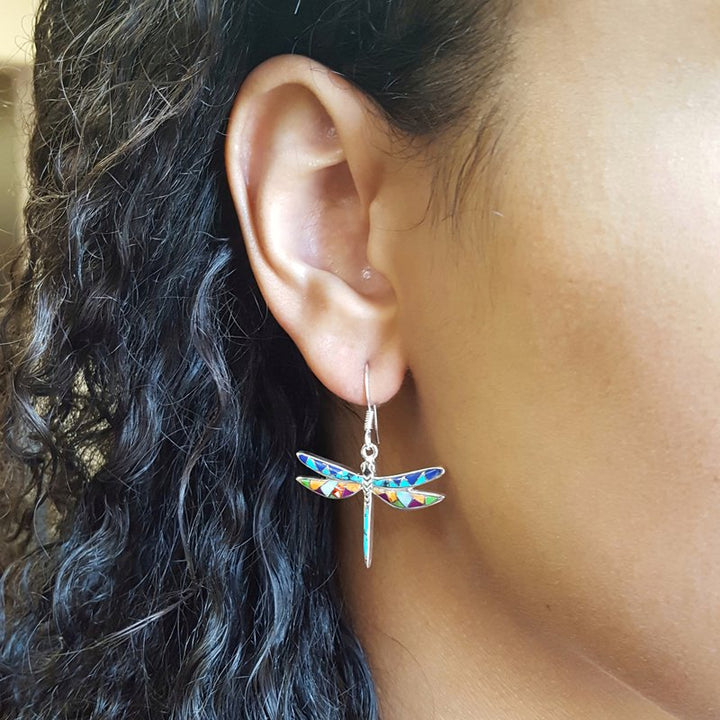 SS Arizona Turquoise and Inlaid Jewelry Dragonfly Earrings