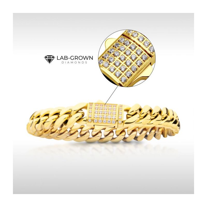 INOX Jewelry 10mm 18K Gold Plated Miami Cuban Chain Bracelet with CNC Precision Set Lab-grown Diamonds Double Tab Box Clasp DMNSTC2110-8GP*