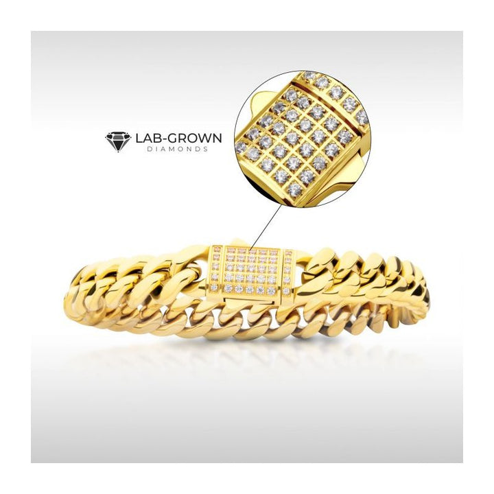 INOX Jewelry 10mm 18K Gold Plated Miami Cuban Chain Bracelet with CNC Precision Set Lab-grown Diamonds Double Tab Box Clasp DMNSTC2110-8GP*