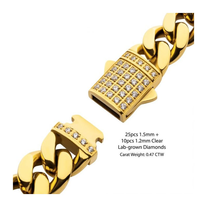INOX Jewelry 10mm 18K Gold Plated Miami Cuban Chain Bracelet with CNC Precision Set Lab-grown Diamonds Double Tab Box Clasp